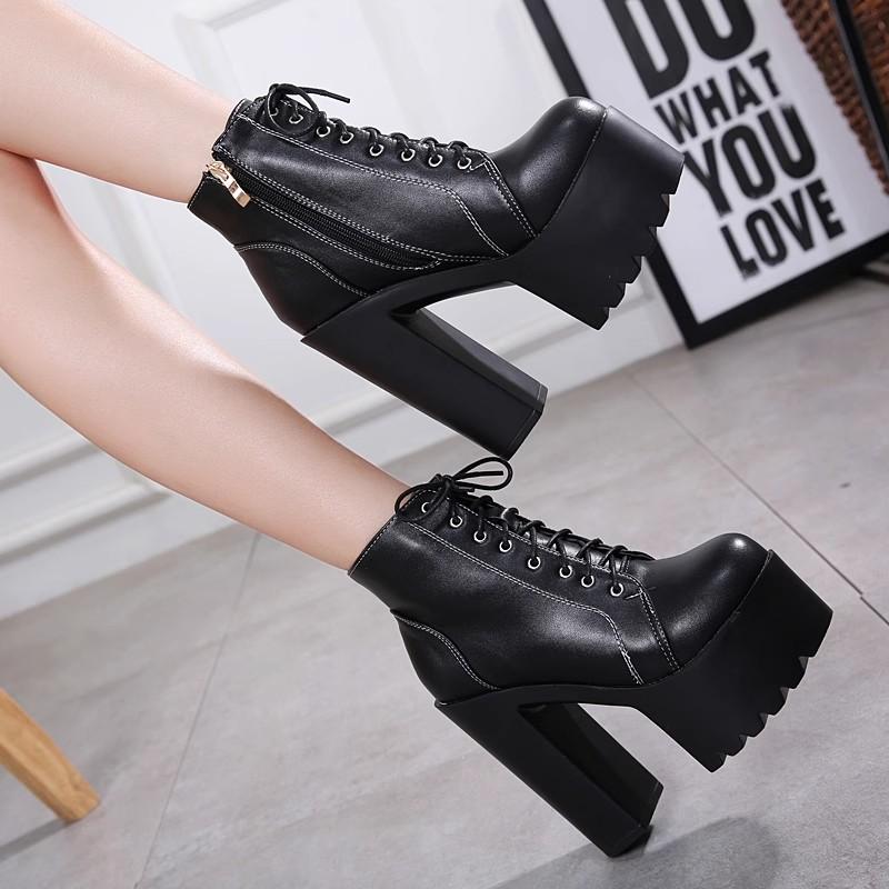Fashion 15CM Russian Hot Sales Women Shoes Thick Platform High Heel Female Ankle Boots Round Toe Lace up Zipper Motorcycle Boots