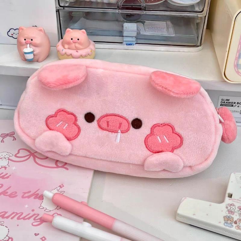 New Plush Little Bear Little Pig Pencil Case Cute Makeup Bag Large Capacity Portable Stationery Storage Pouch Zipper Pen Case