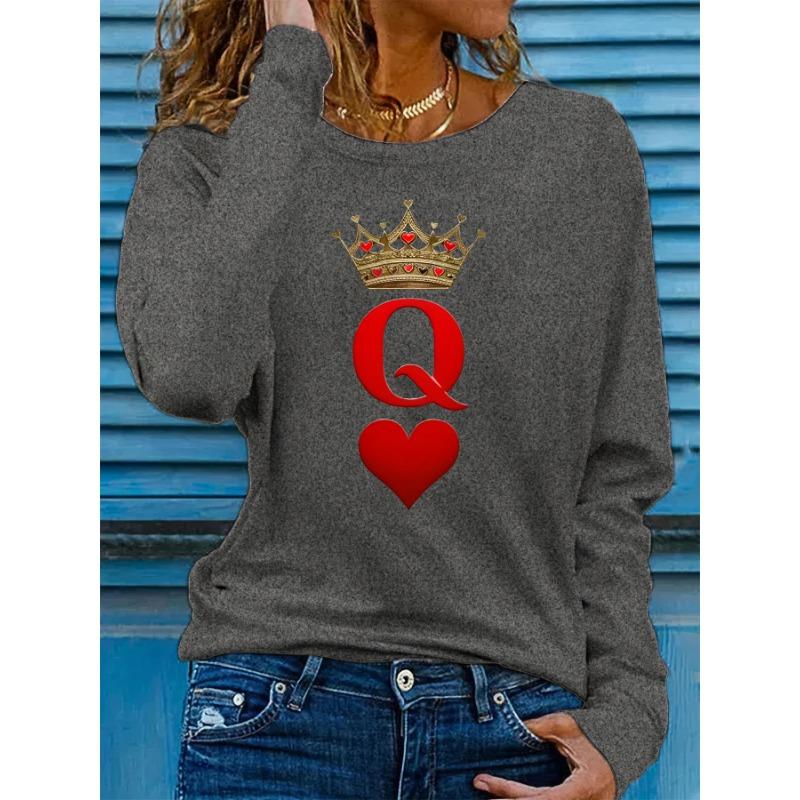 Women's Spring and Autumn Comfortable Casual Long Sleeved Playing Cards Q Queen Pattern Printed Round Neck T-shirts