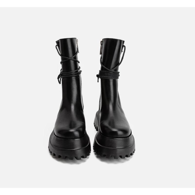 Biker Leather Shoes for Women Mid Calf Footwear Black Ladies Boots Half High Platform Cosplay New in Trend  Chic and Elegant