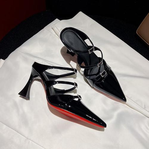 Fashion 2025 New French Lady Pointed Toe Rhinestone Patent Leather High Heel Sandals Slimming Open Toe Women Shoes