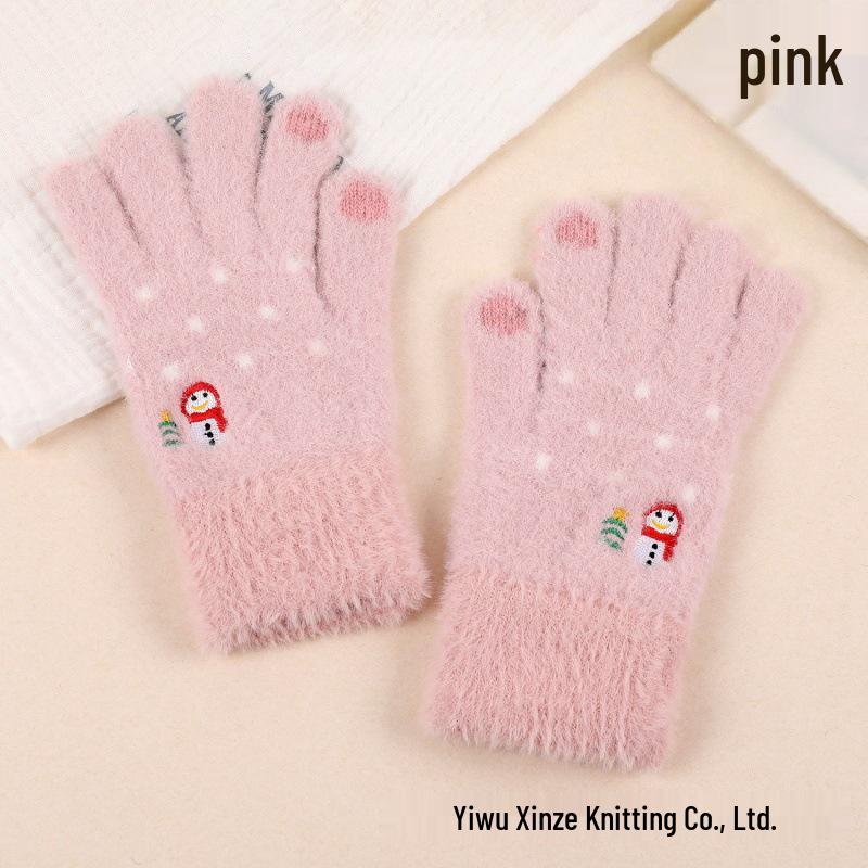 Korean Style Christmas Embroidered Warm Wool Touchscreen Gloves for Men and Women
