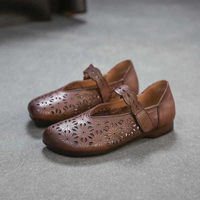 2026 Summer New Roman Style Hollow Out Sandals Women Genuine Leather Velcro Strap Flat Mules Comfortable Casual Shoes