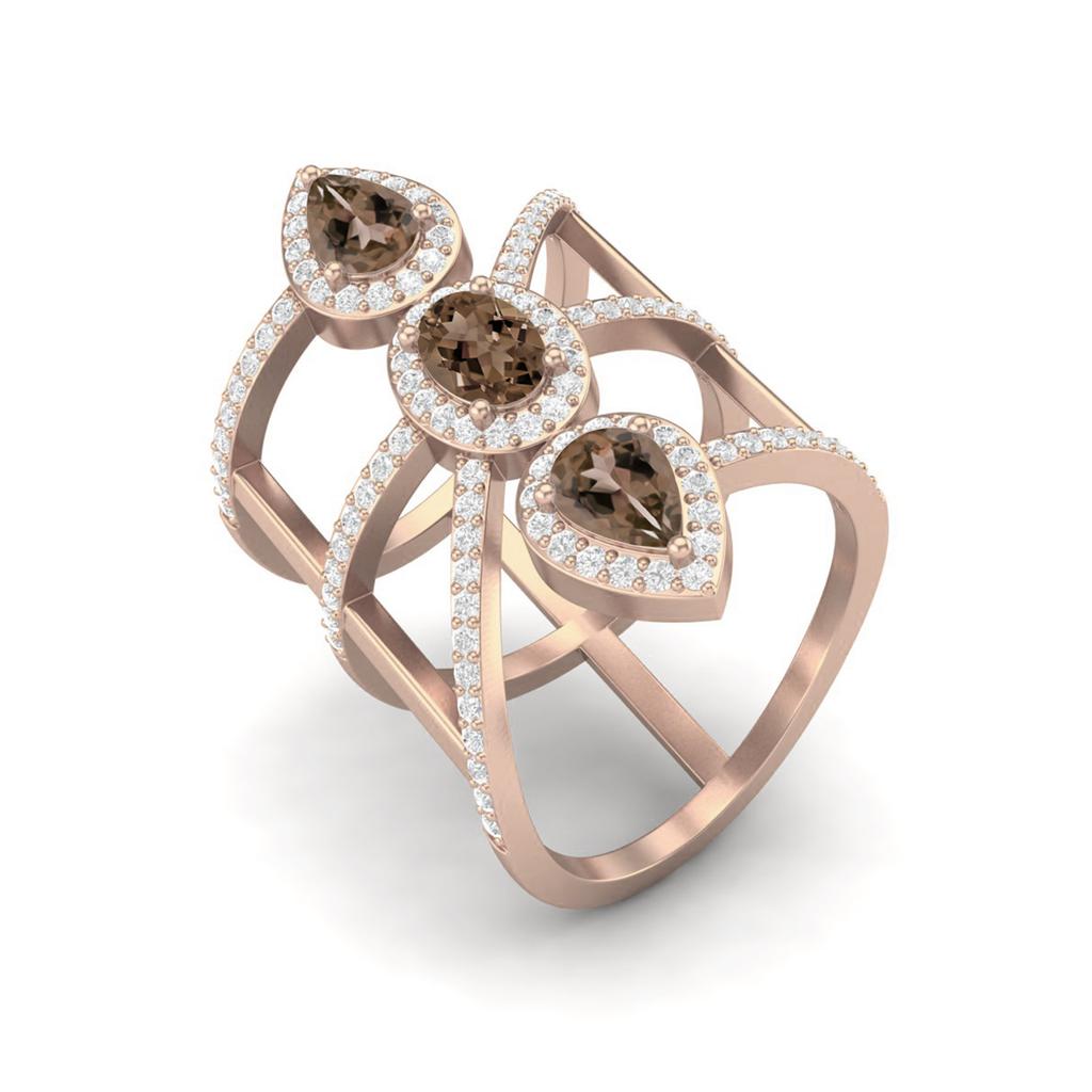 2.7 Ct Pear Smoky Quartz 925 Sterling Silver Rose Vermeil Vertical Long Finger Women Wedding Ring