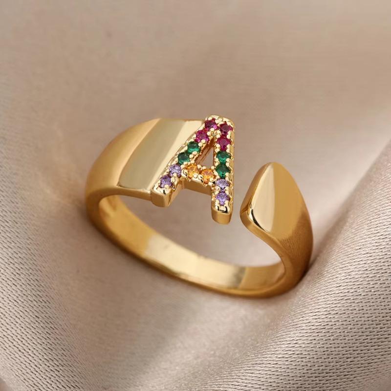 Zircon jewelry Copper inlaid colored zirconium personalized fashion English letter open ring Adjustable ring