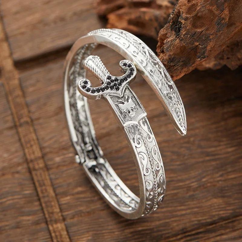 Vintage Carved Snake Sword Bracelet Ring Gothic Fashion Open Cuff Bangle Jewelry for Men Personalized Punk Style Wrist Accessory