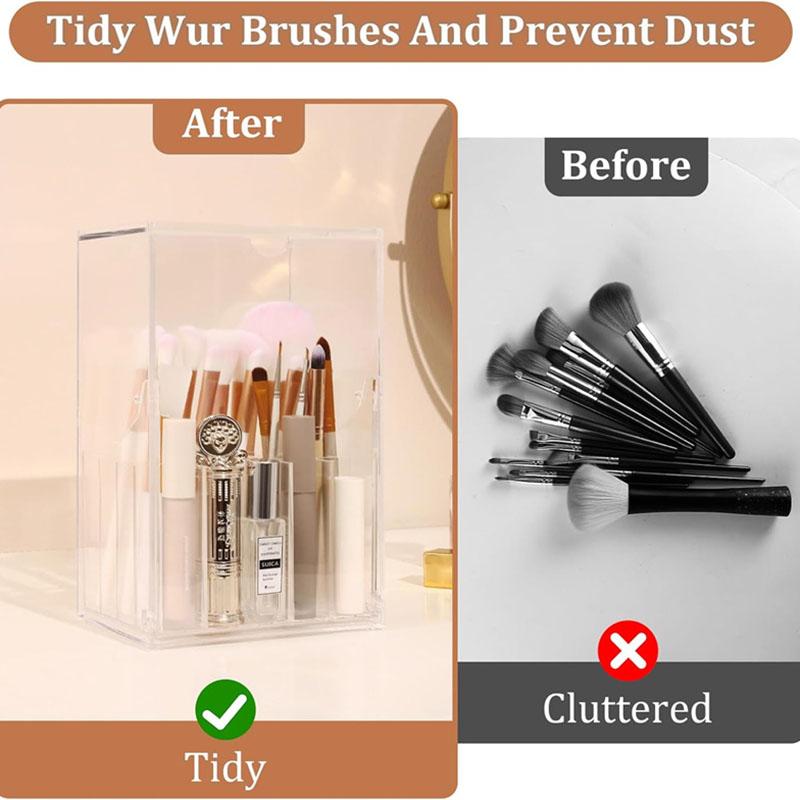 Acrylic Makeup Brush Holder with Slanted Flip-Top Lid Clear Dustproof 17-Slots Cosmetic Makeup Brushes Organizer Storage Box