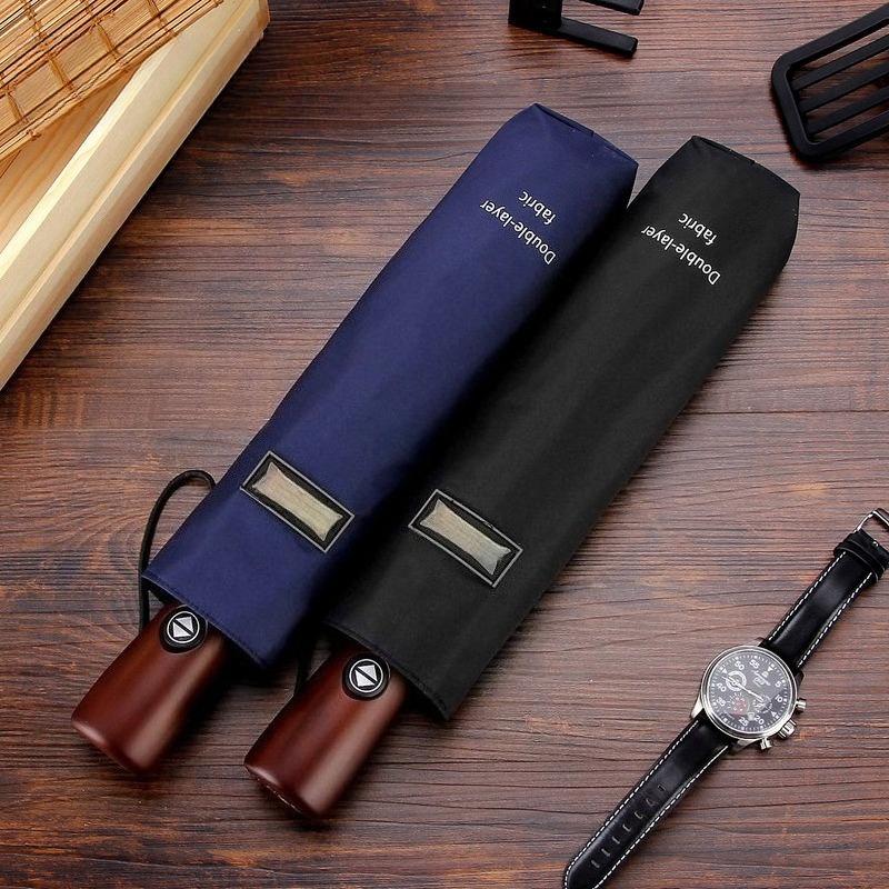 Ten-bone Wooden Handle with Gold Bottom Reinforcement Personality Double Layer Wind-resistant Three Foldable Business Umbrella
