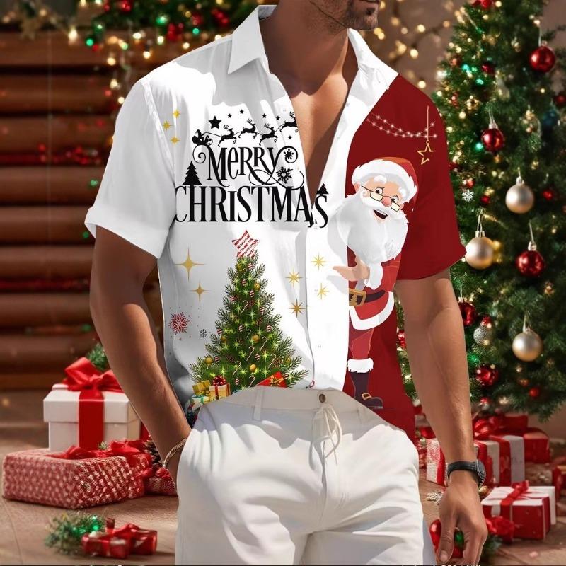 Autumn and Winter Men's Short Sleeved Shirt New Year's Christmas Pattern Digital Printed Shirt Top Men's Casual Shirt