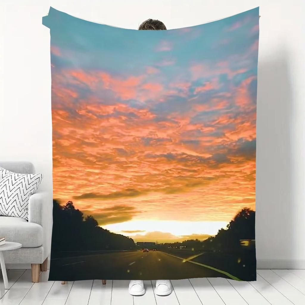 Sunset Highway Burning Clouds Flannel Blanket, Warm Throw for Car and Home Use, Soft Skin-friendly Thickened Blanket, Suitable for Bedroom Living Room