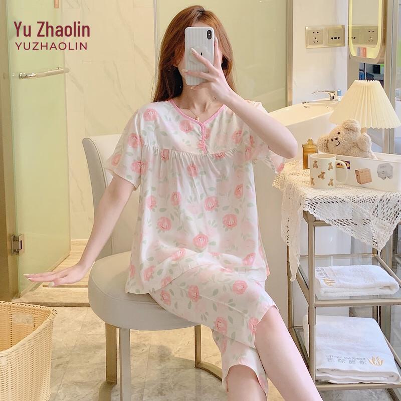 YUZHAOLIN Women s Summer Rayon Short Sleeve Capri Pajama Set XL