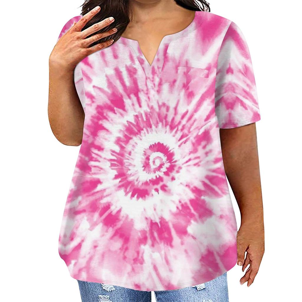 T-shirt décontracté à manches courtes et col en V pour femme, grande taille, imprimé tie-dye, avec poches
