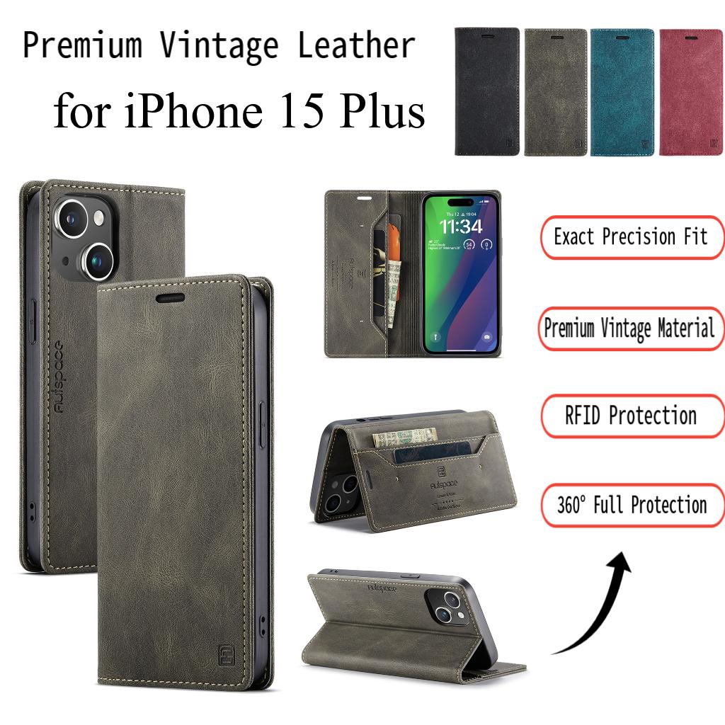For iPhone 15 Plus Vintage Leather Flip Wallet Case with RFID Blocking Card Slot, Matte Retro Folio Cover for Women Men (4 Colors)