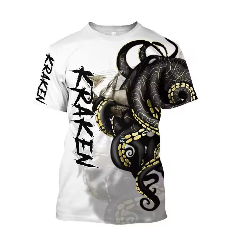 Men'S Summer 3d Printing Printed O-Collar Short Sleeve T-Shirt Ocean Octopus Art Personality Retro Plus Size Loose Top