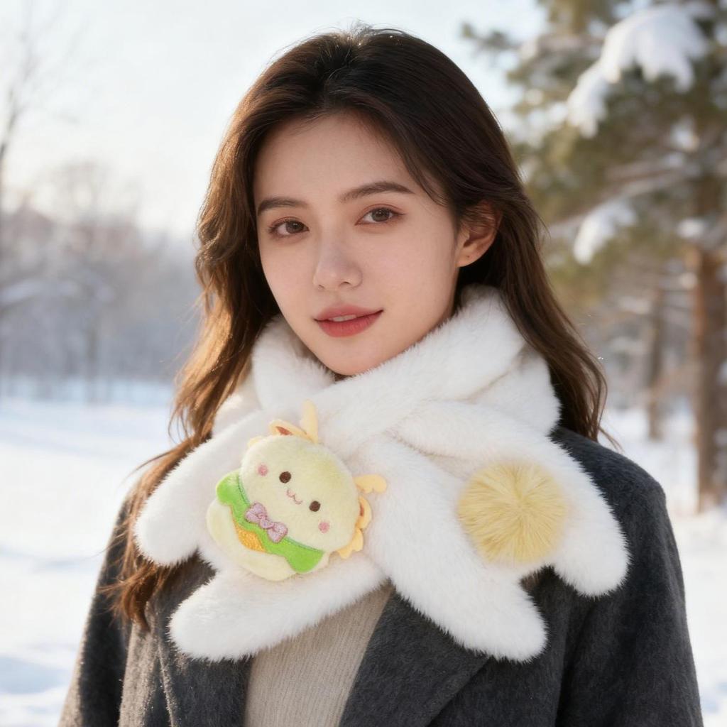 Women’s Cute Korean Faux Rabbit Fur Scarf: Thick, Warm, Plush, Versatile Neck Warmer for Autumn & Winter; Trendy Style for Students & Children.