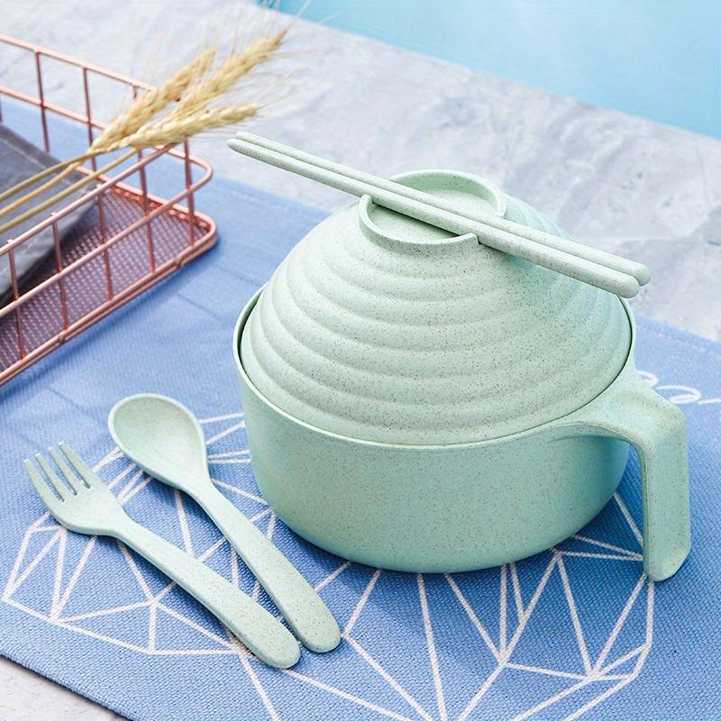 5pcs Wheat Straw Lamian Noodles Bowl and Lunch Box with Lid Spoon, Fork and Chopsticks Especially Suitable for Kitchen Tableware