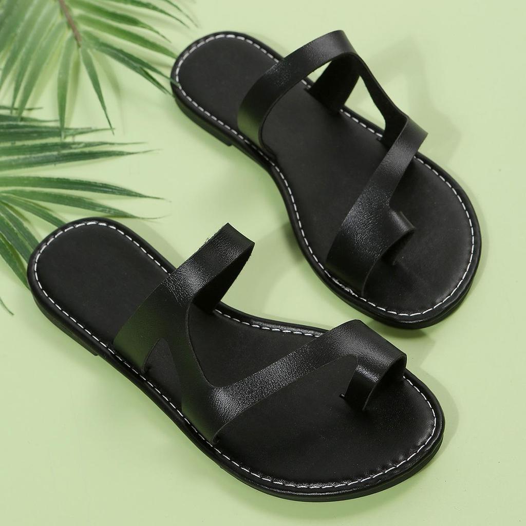 Plus Size Retro Toe Loop Flat Sandals - Women's Solid Color Beach Slippers