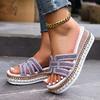 Fashion Purple Wedges Sandals Women Shiny Crystal Rivet Decor Thick Sole Slippers Plus Size Comfort Chunky Platform Beach Shoes