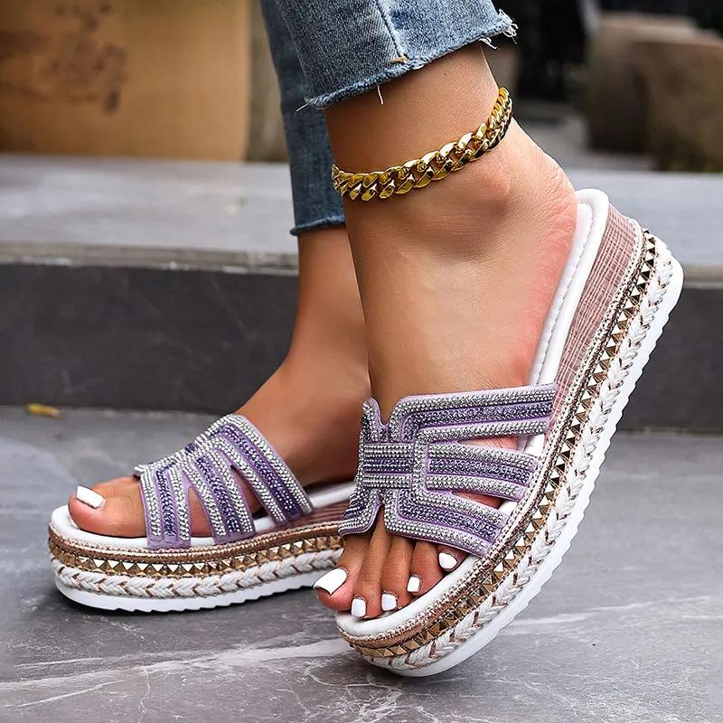 Fashion Purple Wedges Sandals Women Shiny Crystal Rivet Decor Thick Sole Slippers Plus Size Comfort Chunky Platform Beach Shoes