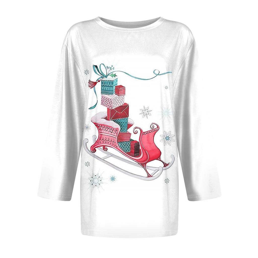 Women's Fashion Casual Seven Sleeve Christmas Printed Round Neck T-Shirt Top