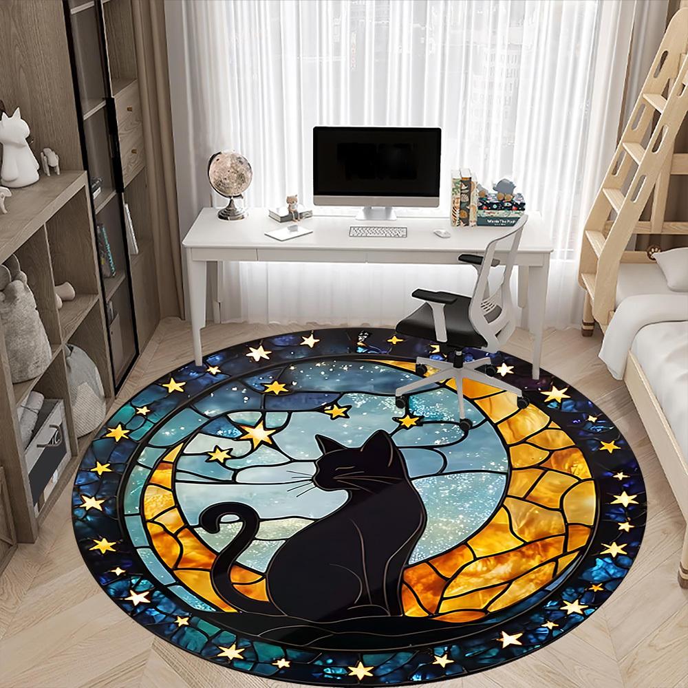 1pc Starry Night Cat Office Round Area Rug, Indoor Mat Suitable ForOffice, Under Office Chairs Bedroom Living Room Home Decor T165