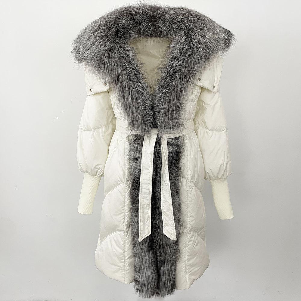 Winter new real fox fur fur collar white duck down jacket women's long coat loose thickened damp