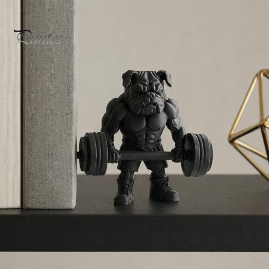 Small Bulldog Statue 3D Printed Fitness Figurine, Modern Muscular Barbell Dog Office Ornament Statue, Black Sculpture for Home Desk Decor Decoration
