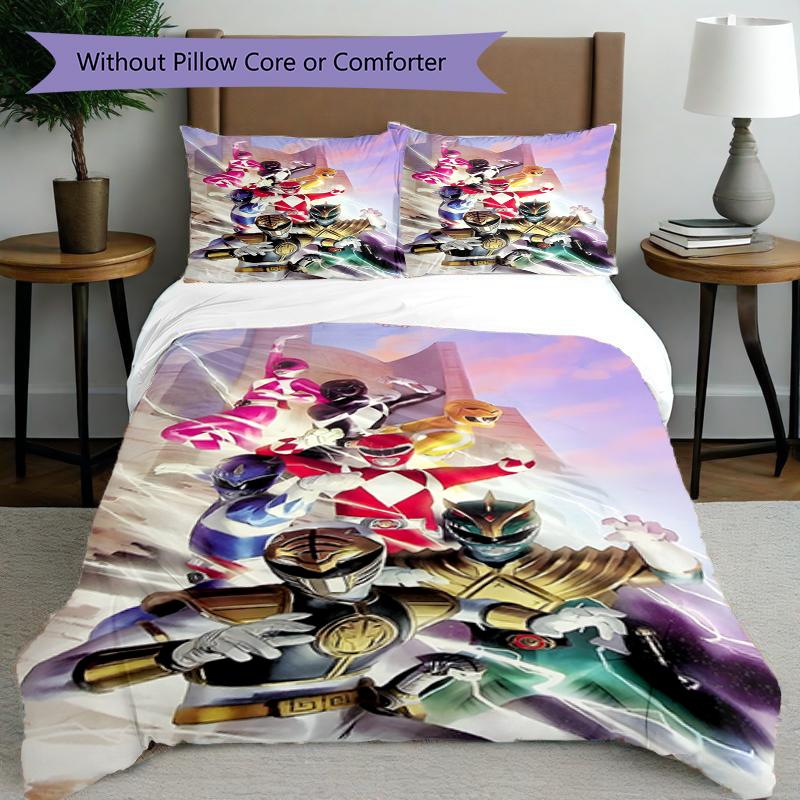 Parure de lit 3 pièces avec housse de couette (1*Housse de couette + 2*Taie d'oreiller, sans noyau),Ensemble de literie imprimé Mighty Morphin Power Rangers, Décor de chambre à coucher, Toutes saisons, Anniversaire