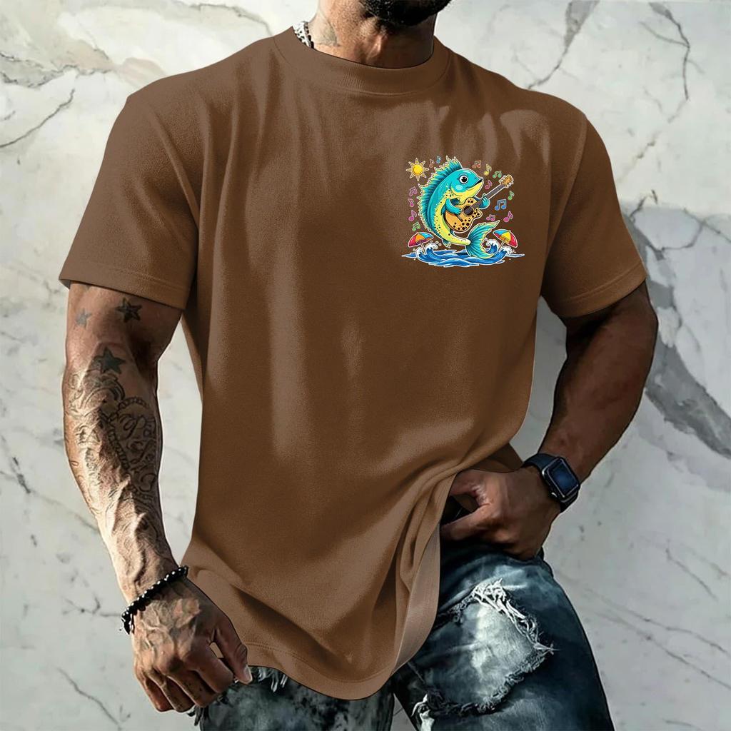 Men's Vintage Textured Print Short Sleeve T Shirt Loose Fit Casual Summer Daily Wear Top with Graphic Fish Design