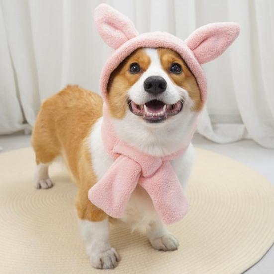 Comfortable Winter Dog Hat Scarf Coral Fleece Cat Headgear with Three-dimensional Ears Pet
