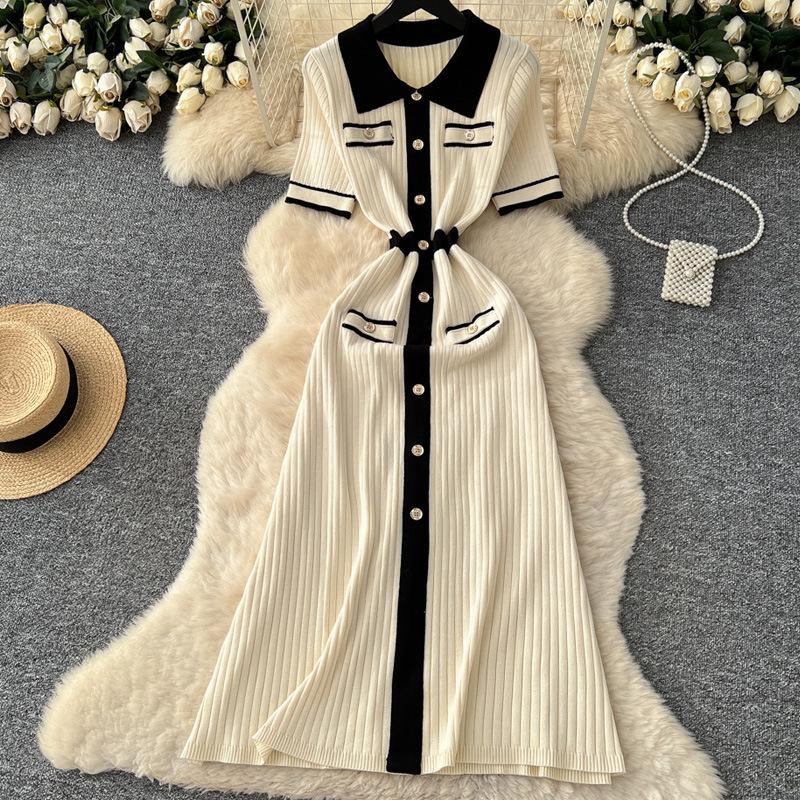 Elegant Slimming Spliced Single-breasted Knit Dresses for Women Lapel Short Sleeves Patchwork Sweater Dress Female