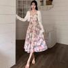 Neue Kaffeepause Französisches High-End Chiffon langes Kleid Ölgemälde Blumiges Trägerkleid Zweiteiliges Set Damen Sommer
