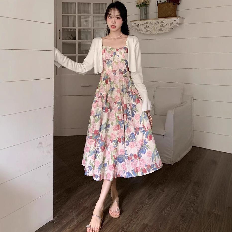 Neue Kaffeepause Französisches High-End Chiffon langes Kleid Ölgemälde Blumiges Trägerkleid Zweiteiliges Set Damen Sommer