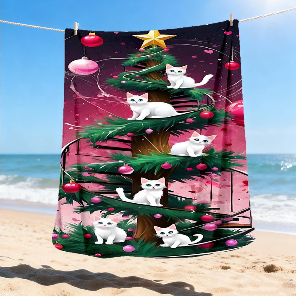 1pc Christmas Tree Cats Outdoor Flannel Blanket , Machine Washable Perfect Gift for Birthday , Holiday Travel Accessory , Durable Material