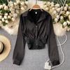 Spring French Design Sense Elegant Shirt Women Aesthetic Elastic Belt Waist Slim Short Blouse Female New Fashion Solid Retro Shirt Joker