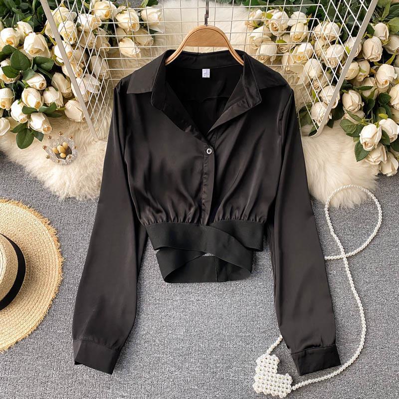 Spring French Design Sense Elegant Shirt Women Aesthetic Elastic Belt Waist Slim Short Blouse Female New Fashion Solid Retro Shirt Joker