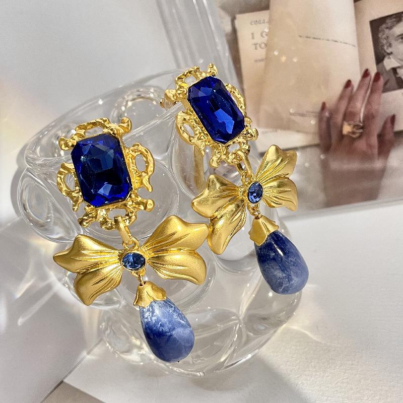 Vintage Blue Glass Bow Earrings - Retro Design Ornament