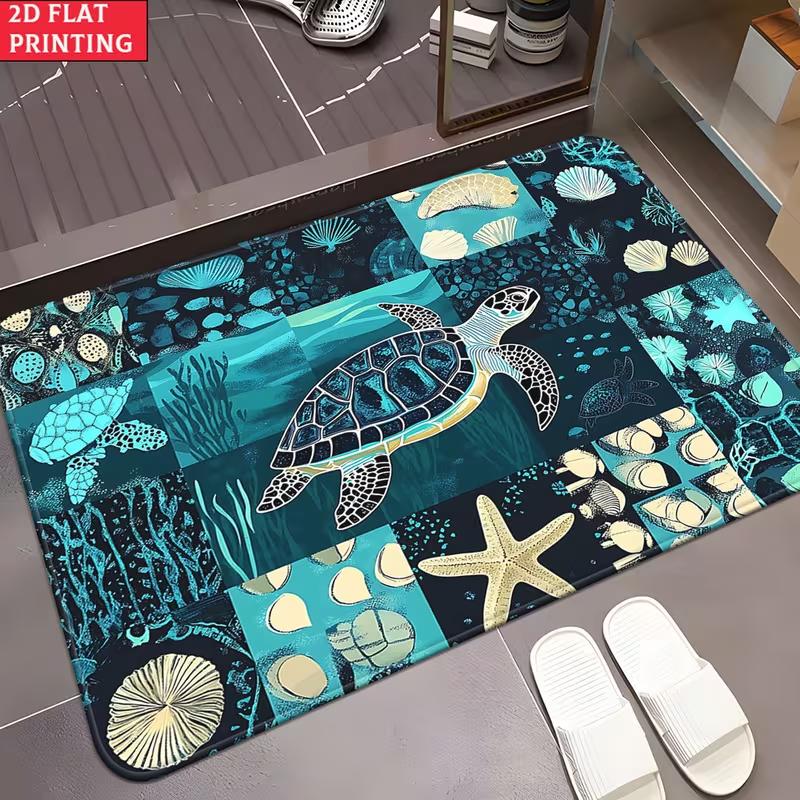 

Ocean Themed Sea Turtle Seashell Doormat Nautical Coastal Underwater Print Carpet Non-Slip Soft Entrance Rug for Front Door 40cm x 60cm
