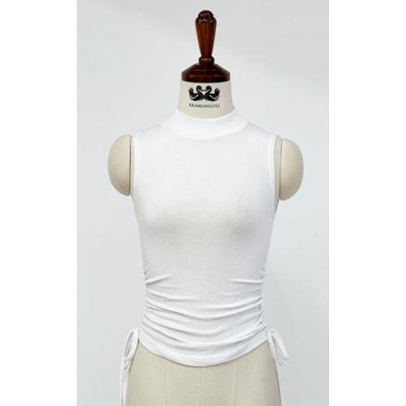 Women's Sporty Style Sleeveless Tight T-Shirt with Ruffled Base Layer, Half-High Neck, Thin and Slightly See-Through