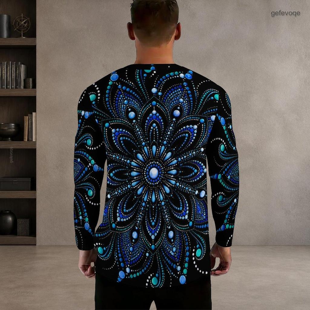 Men Plus Size Round Neck Long Sleeve Printed Gradient Striped Pullover T Shirt Straight Hem