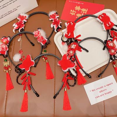 Red Hanfu Wig Headband Pearl New Year Headwear Traditional Flower Tassel Headband  Children