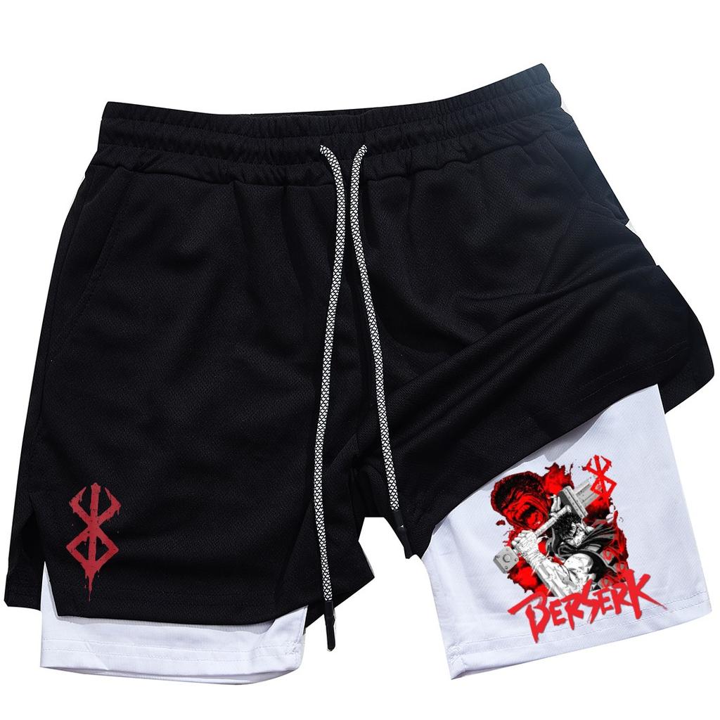 Pantalones cortos de gimnasio para hombre, ropa deportiva 2 en 1 de Anime para correr, trotar, entrenamiento, Yoga, baloncesto
