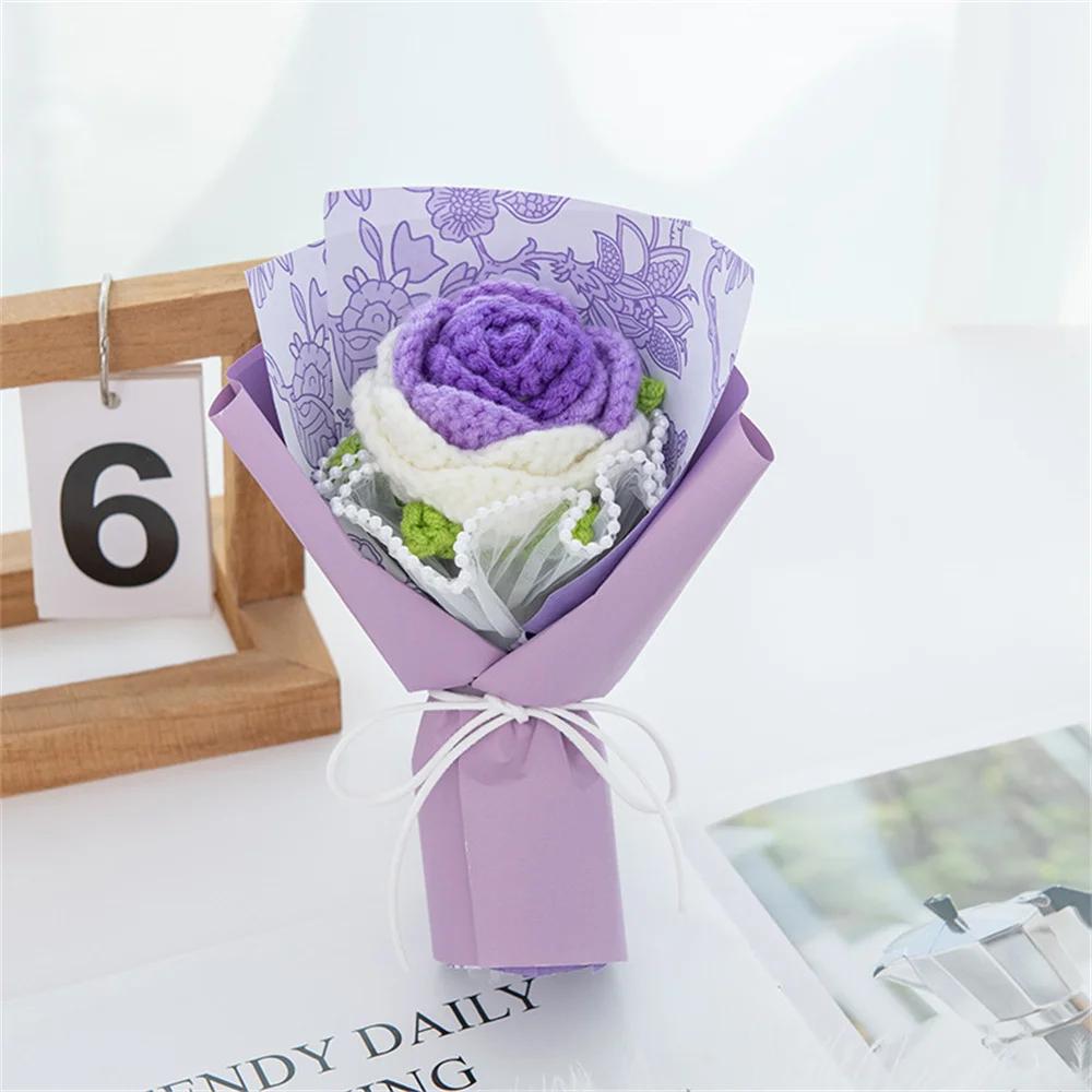 Single Woolen Knitted Flower Bouquets Rose Puff Sunflower Crochet Fake Flowers Small Home Decor Valentine's Day Gifts