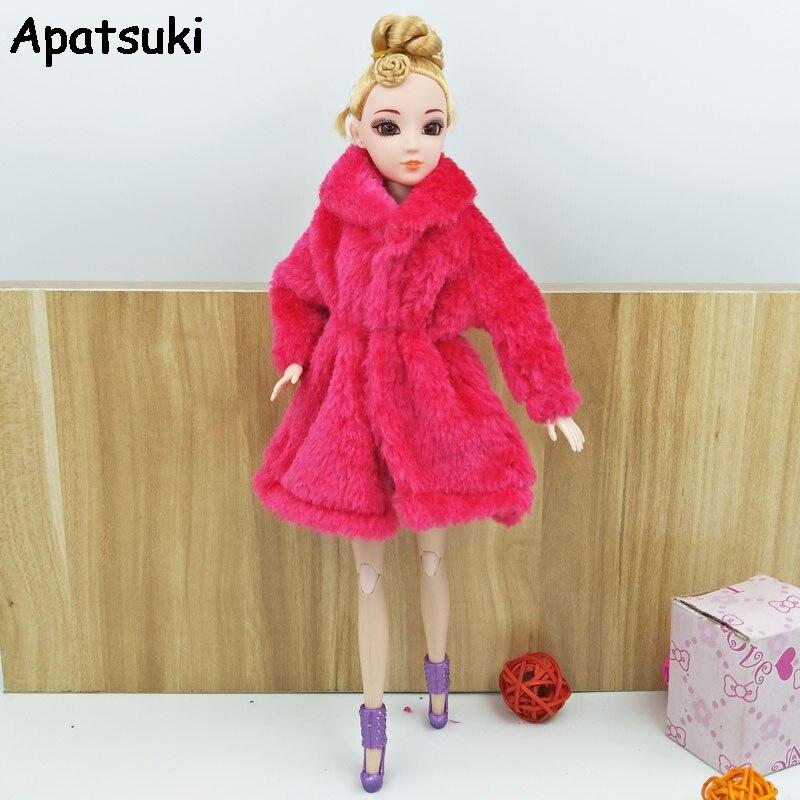 Kids Toy Doll Accessories Winter Warm Wear Pink Fur Coat Mini Clothes Dress For Barbie Dolls Fur Doll Clothing With Waist Belt