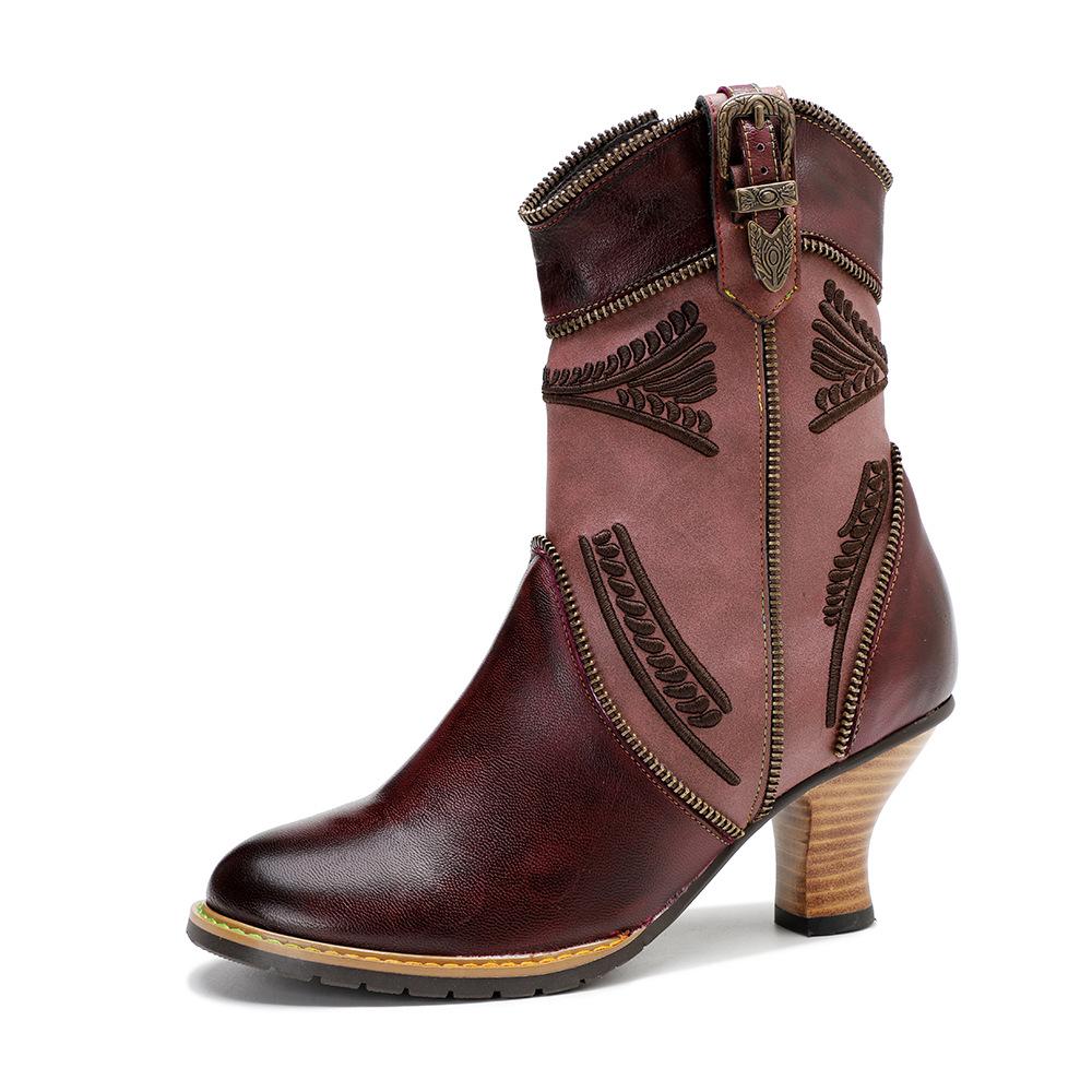 

Johnature/Модная обувь на высоком каблуке, женские короткие сапоги из натуральной кожи с изысканной вышивкой и застежкой-молнией 40 вино красного