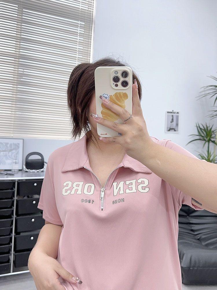 Plus Size Women's Casual Zipper Print Top - Loose Fit Short Sleeve T-shirt for 2025 Summer