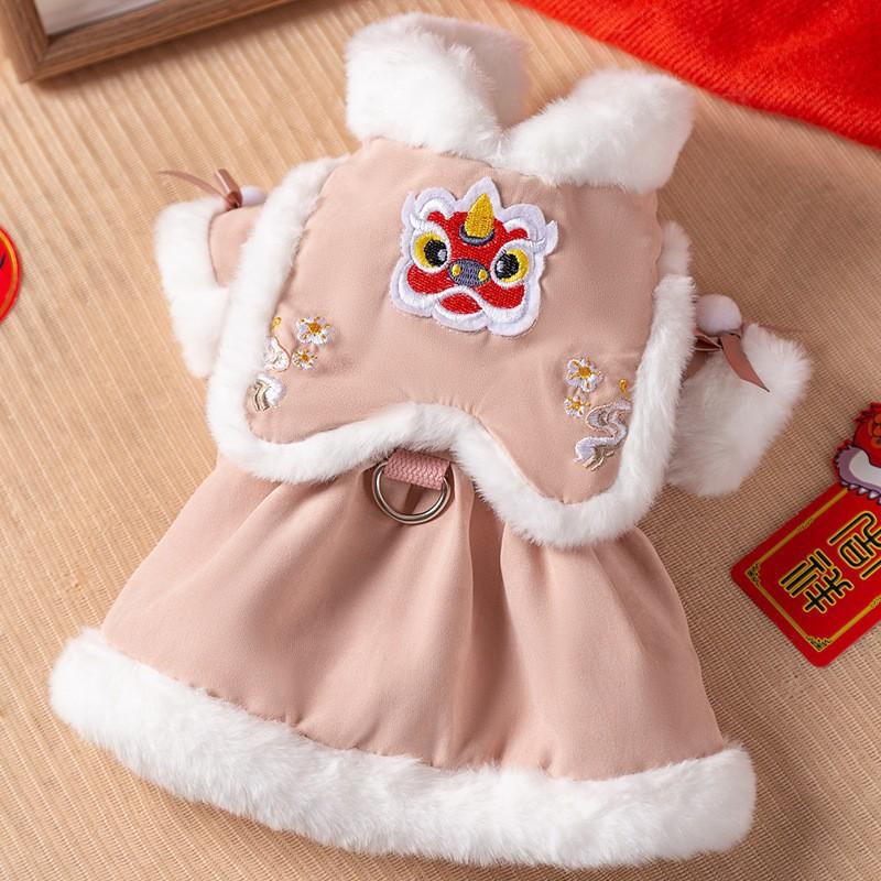 Pet Dog Cat Chinese Style New Dress Red Pink Lion Dance Costume Winter Outfit Small Medium Pets