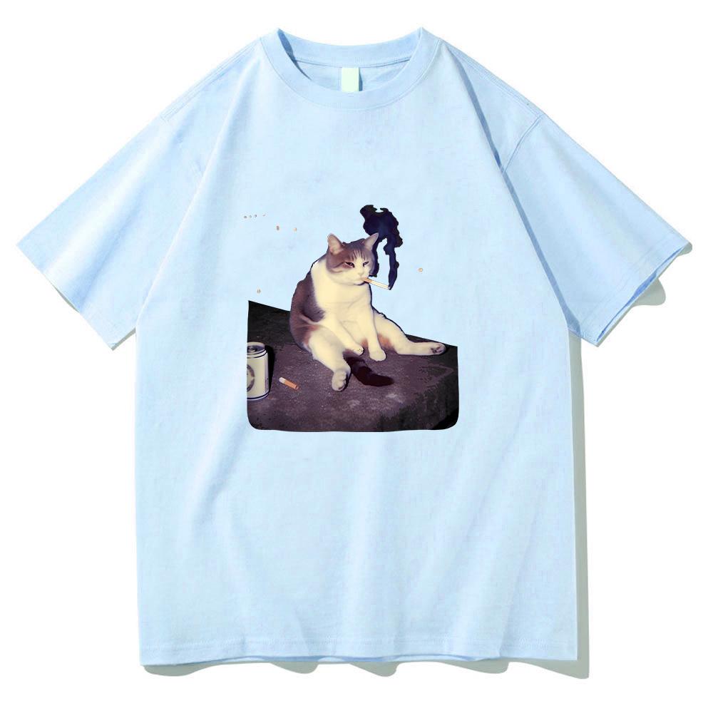 Funny Smoking Cat Meme T-shirt Cigarette Cat Print Clothing Stupid Brainrot Gift Cotton Tee Cat Lover High Quality Tshirt Unisex Men Women Anime Tops