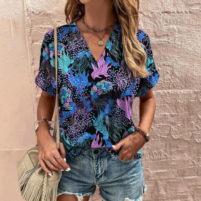 Retro Print Damen T-Shirt Klassische Blumen-Tees für Damen Sommer V-Ausschnitt Kurzarm Tops Weibliche Übergröße Kleidung Tägliche Bluse