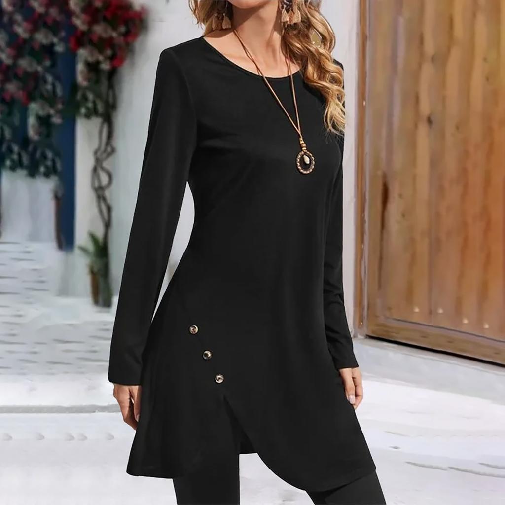 Women's Round Neck Loose Fitting Casual Long Sleeved Color Medium Length T-shirt Top